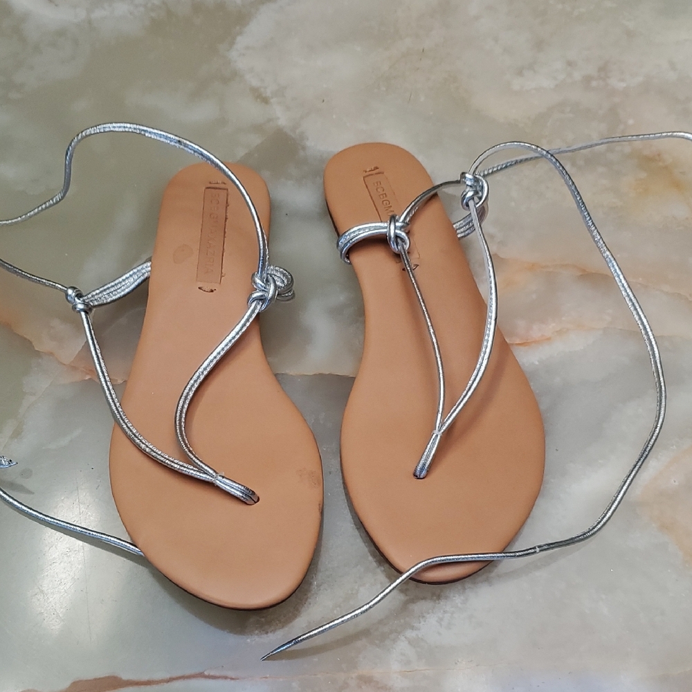 BCBGMaxAzria Silver Leather Lace-Up Sandals